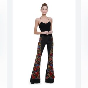 Floral Embroidered Black Flare Jeans